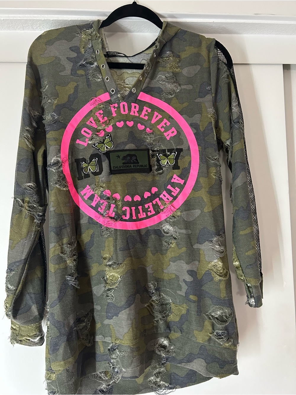 Camo Hooded Tunic with Hot Pink 'Love Forever' Graphic